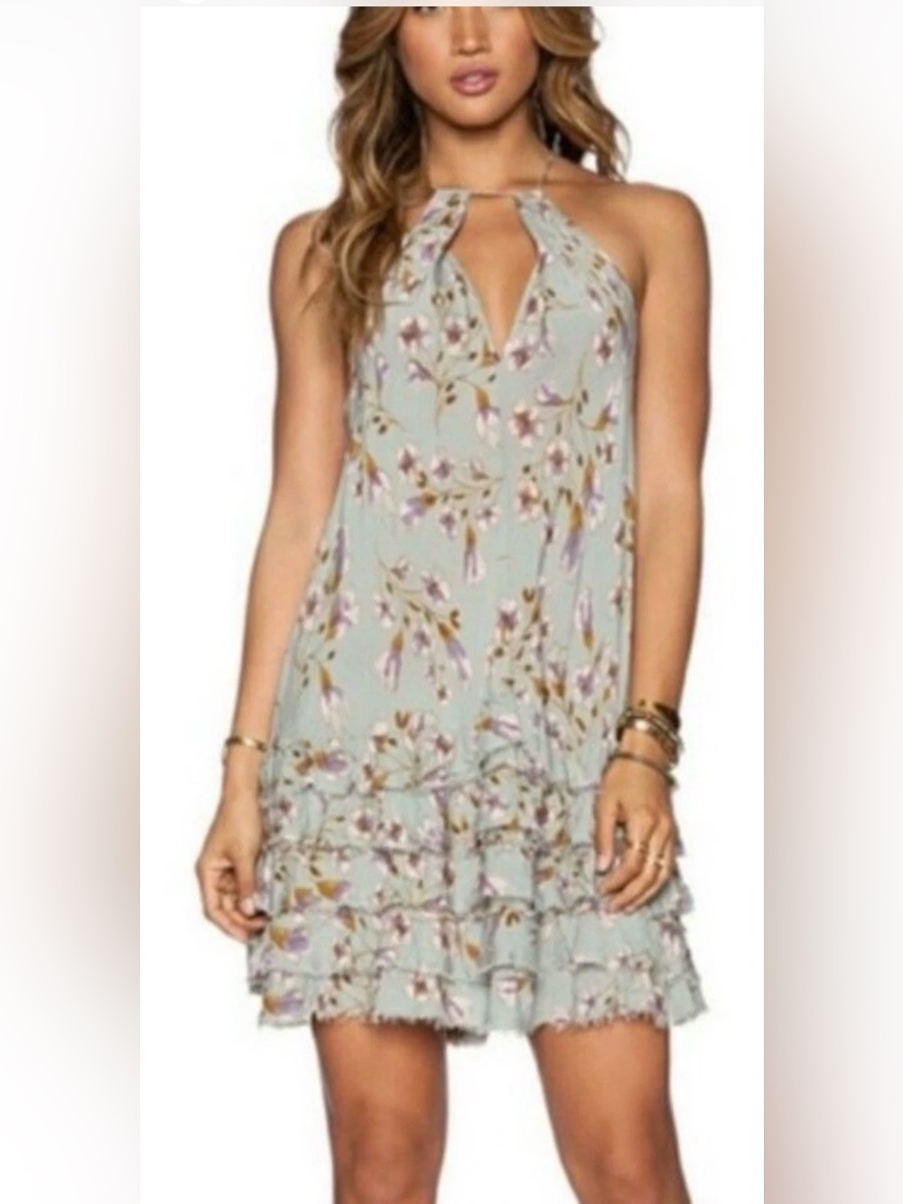 NWT Free People Halter Ruffle Dress Seafoam Floral Women’s S Boho Festival